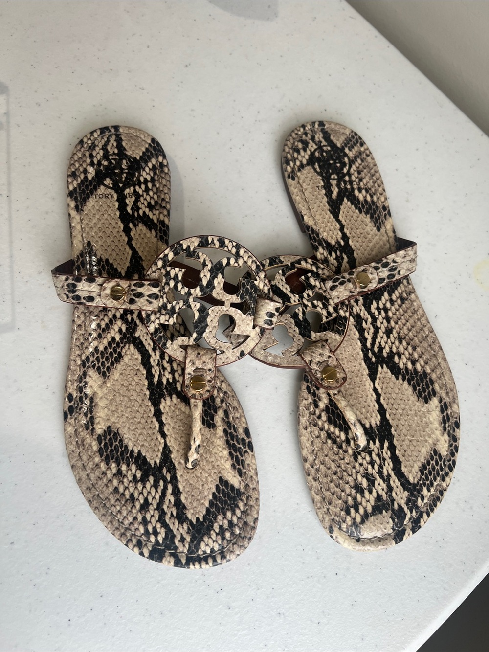 Tory Burch Snake Print Miller Thong Sandals in Beige and Black - Picture 8 of 12